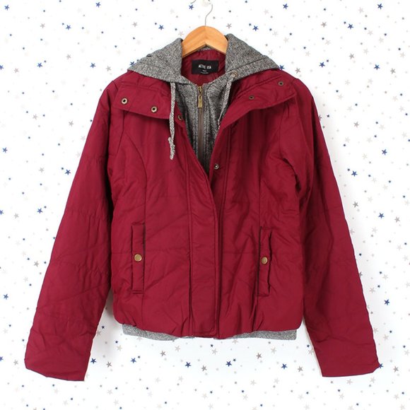 Burgundy Grey Jersey Hooded Padded Jacket - Picture 10 of 11
